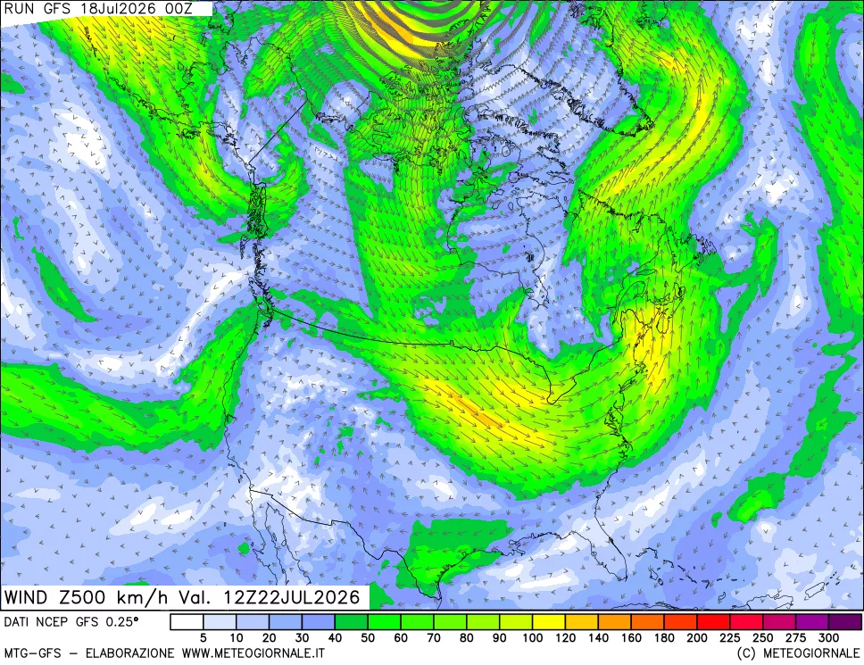 mappa 500 hPa Vento forza e direzione