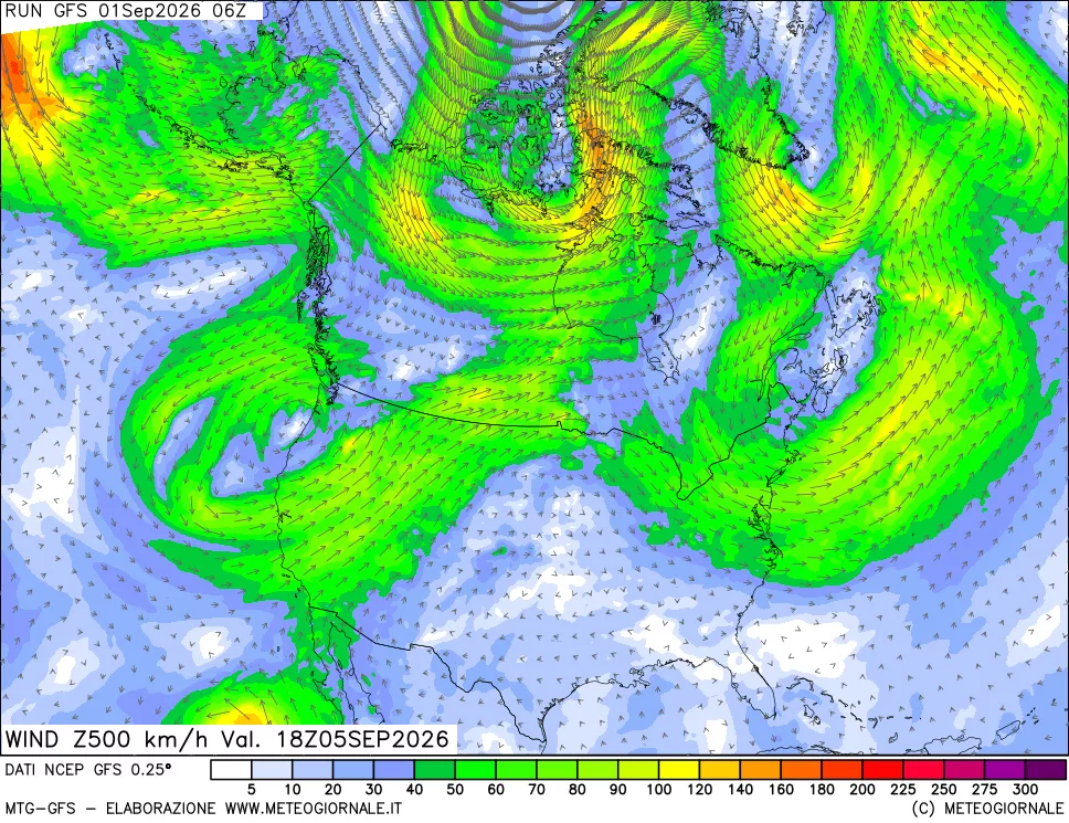 mappa 500 hPa Vento forza e direzione