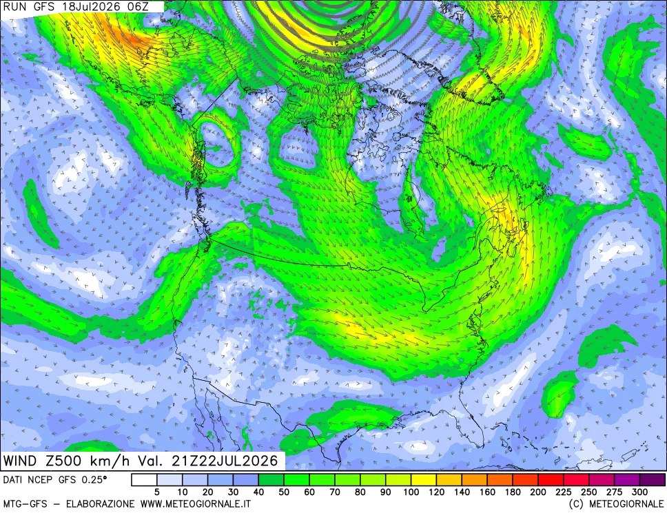 mappa 500 hPa Vento forza e direzione