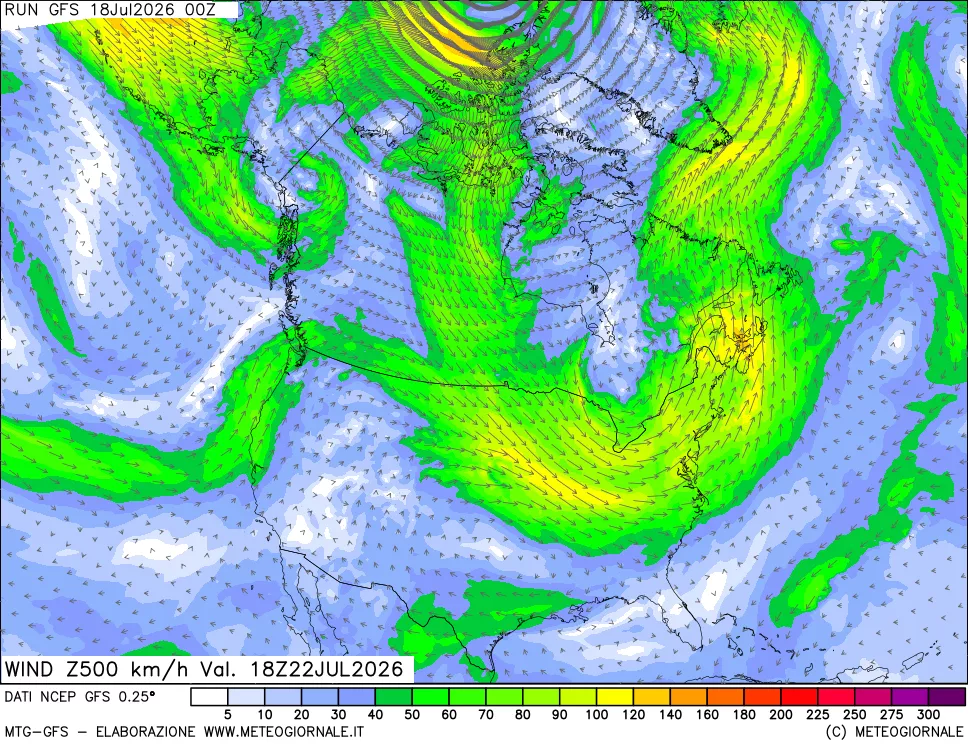 mappa 500 hPa Vento forza e direzione