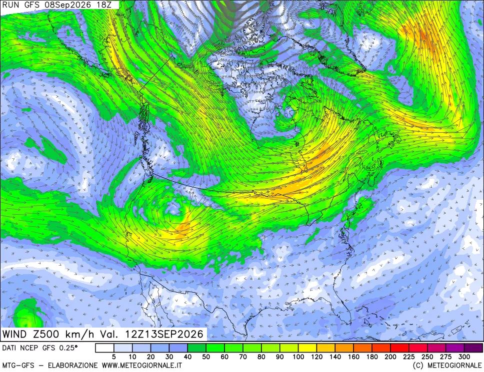 mappa 500 hPa Vento forza e direzione