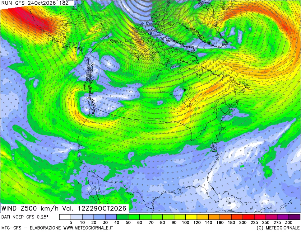 mappa 500 hPa Vento forza e direzione