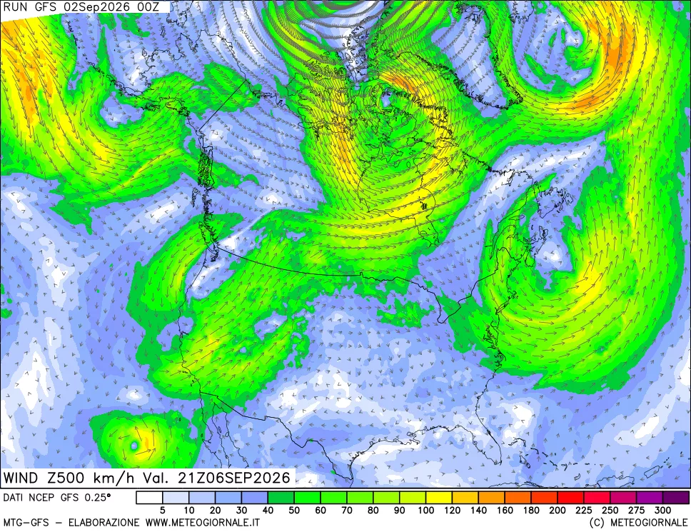 mappa 500 hPa Vento forza e direzione