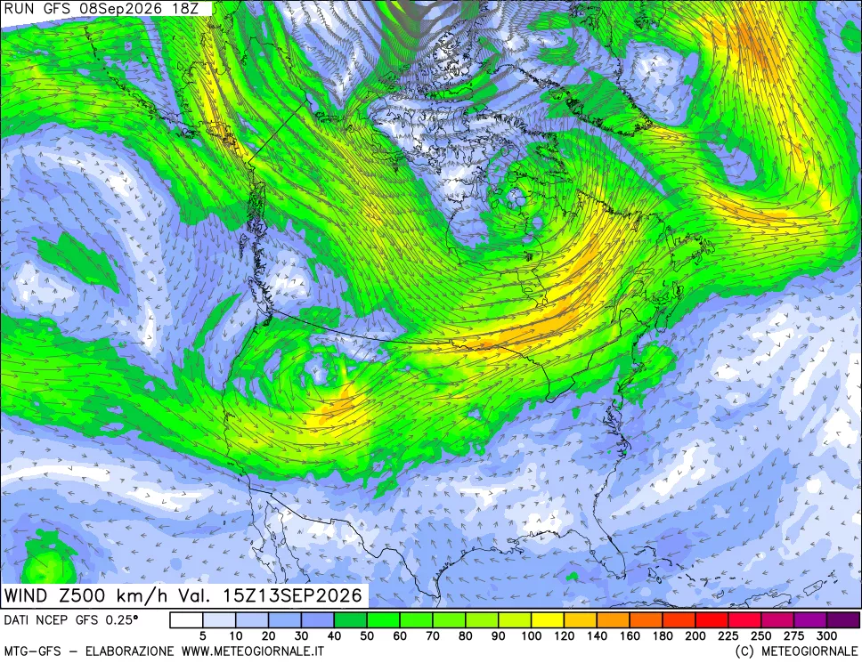mappa 500 hPa Vento forza e direzione