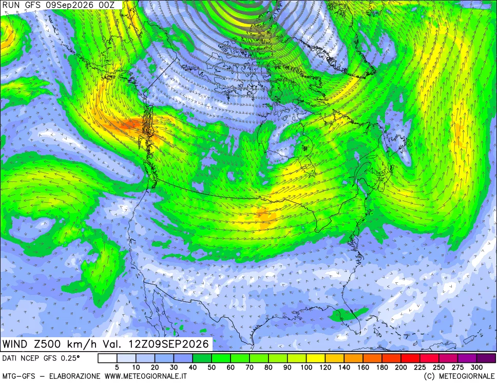 mappa 500 hPa Vento forza e direzione