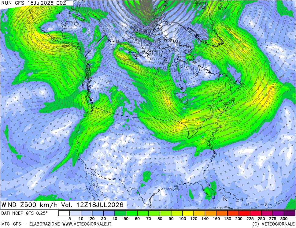 mappa 500 hPa Vento forza e direzione