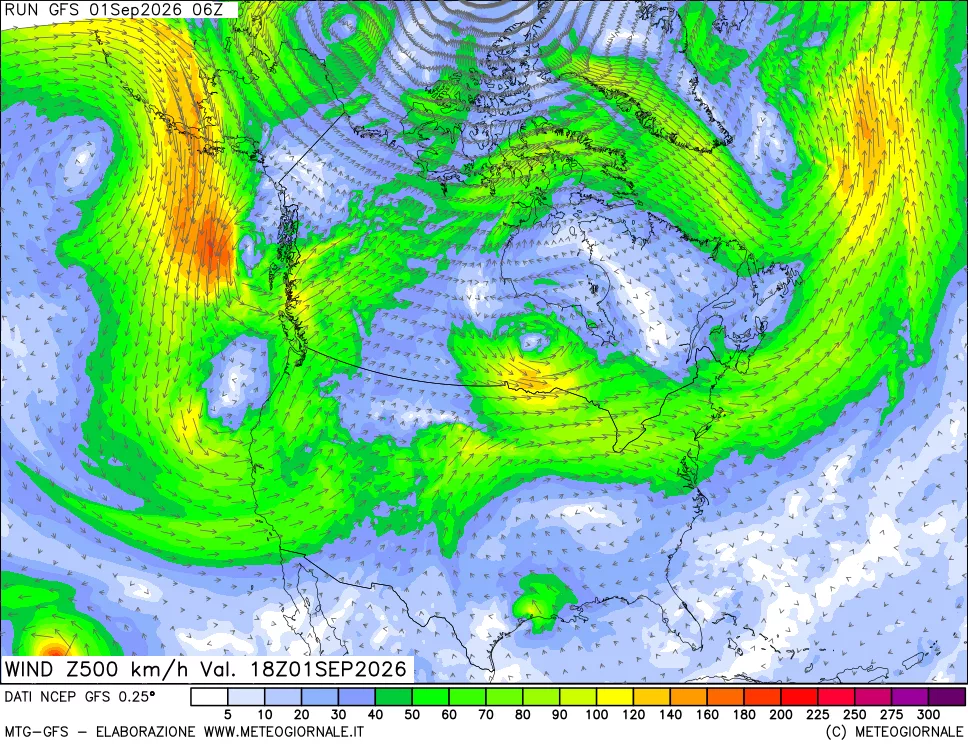 mappa 500 hPa Vento forza e direzione
