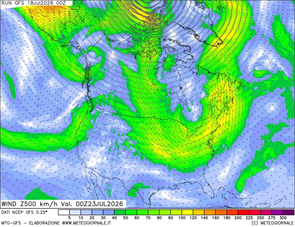 mappa 500 hPa Vento forza e direzione