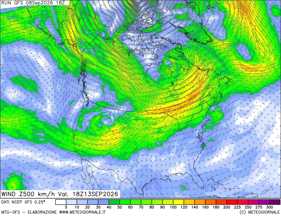 mappa 500 hPa Vento forza e direzione