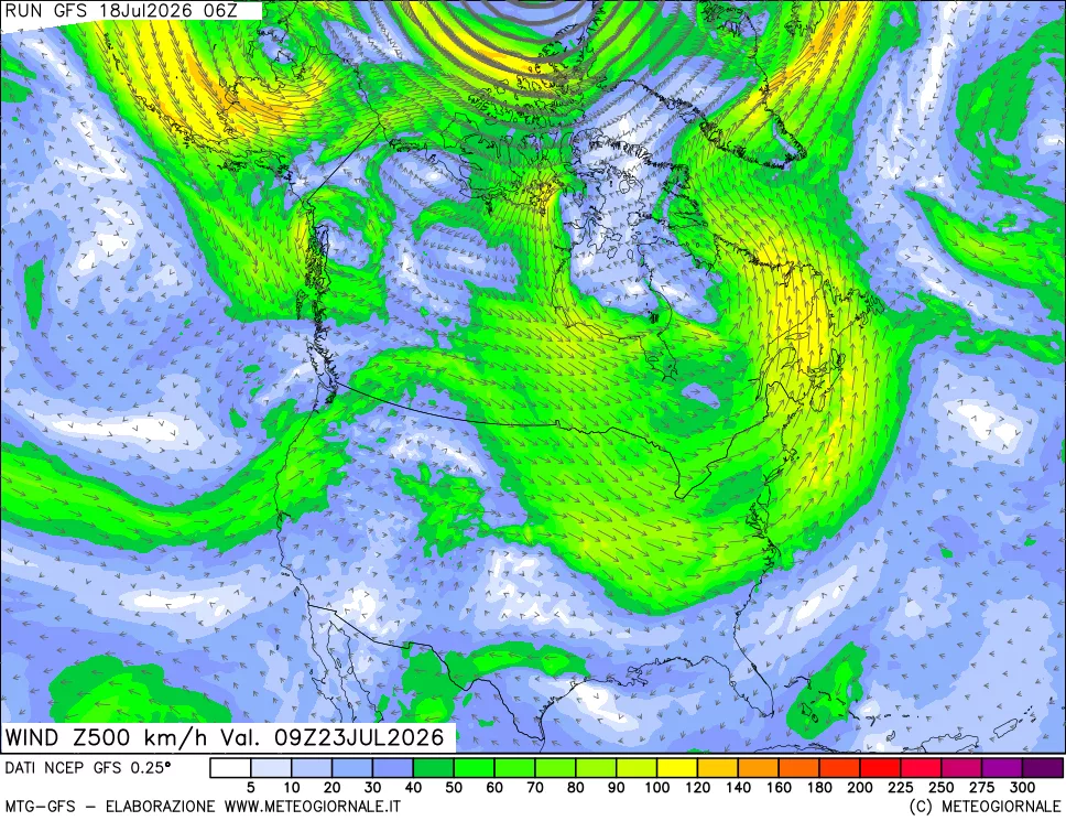 mappa 500 hPa Vento forza e direzione