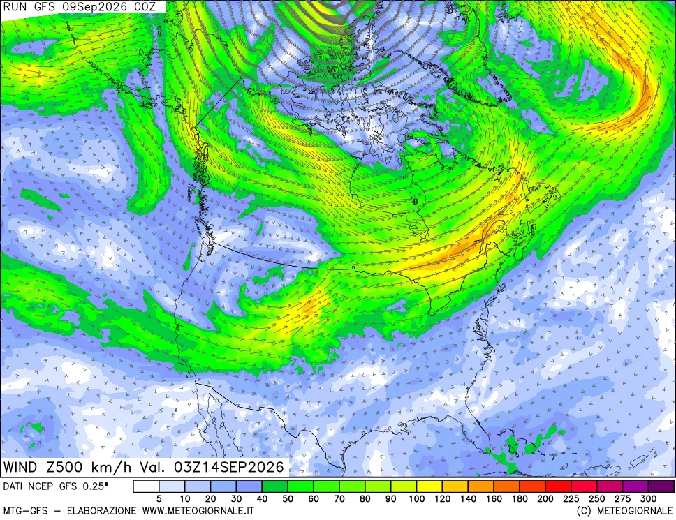mappa 500 hPa Vento forza e direzione