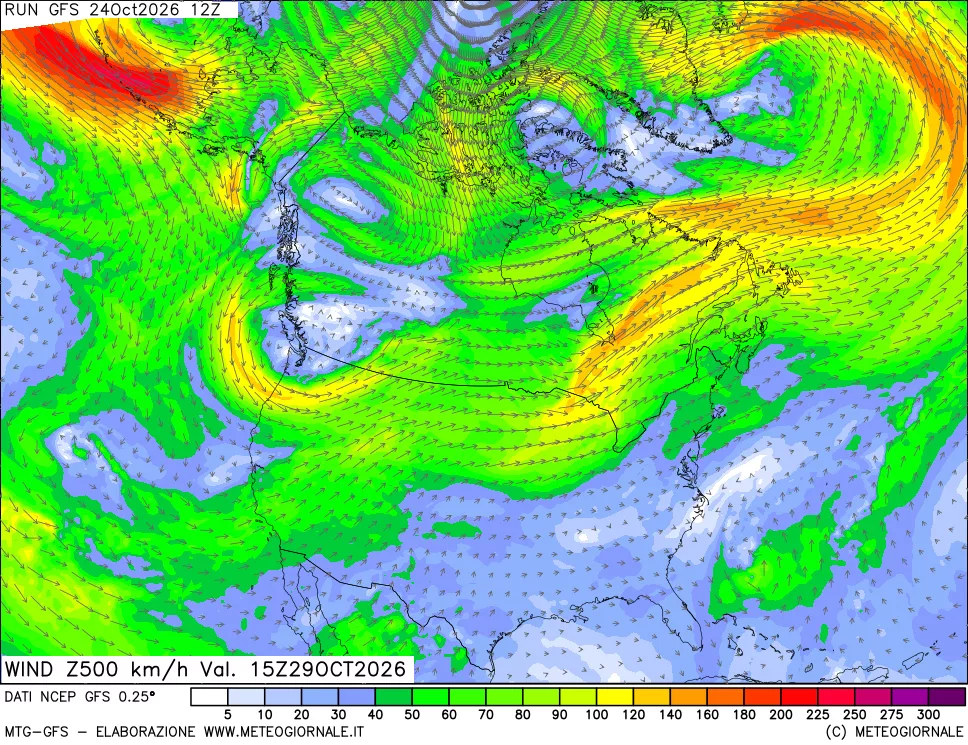 mappa 500 hPa Vento forza e direzione