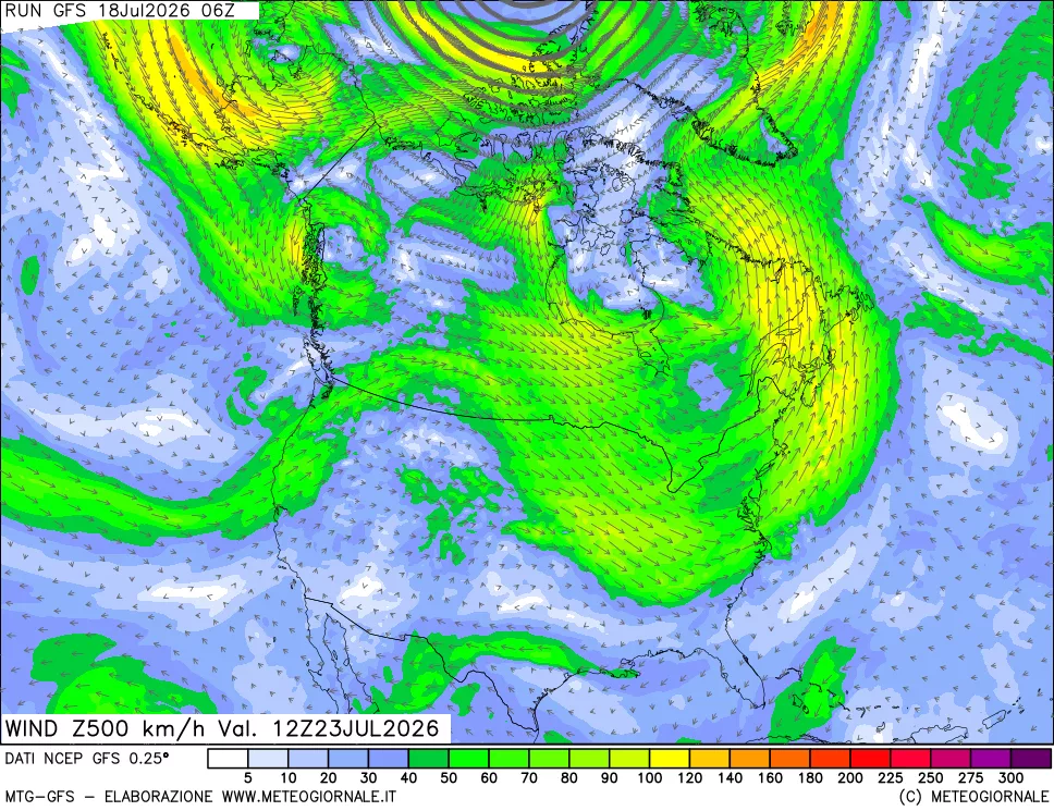mappa 500 hPa Vento forza e direzione