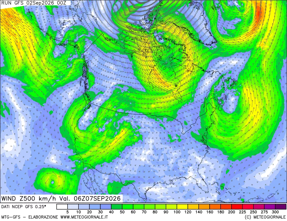 mappa 500 hPa Vento forza e direzione