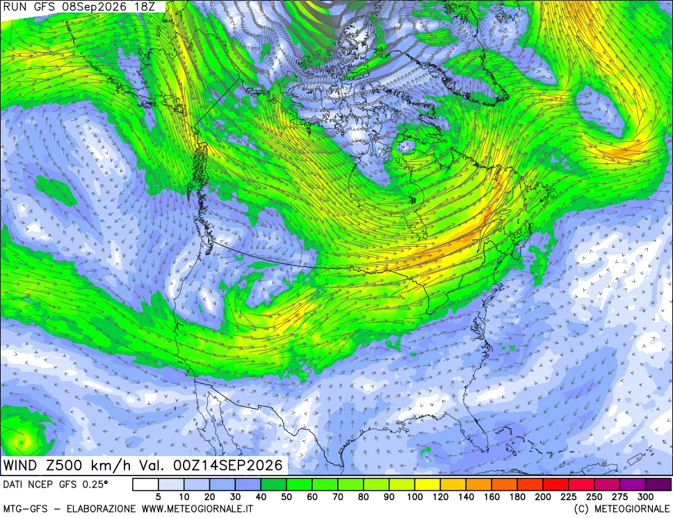 mappa 500 hPa Vento forza e direzione