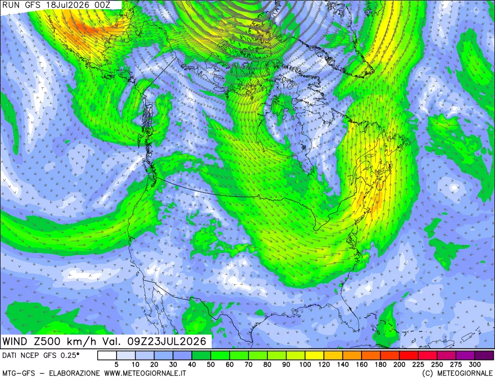 mappa 500 hPa Vento forza e direzione