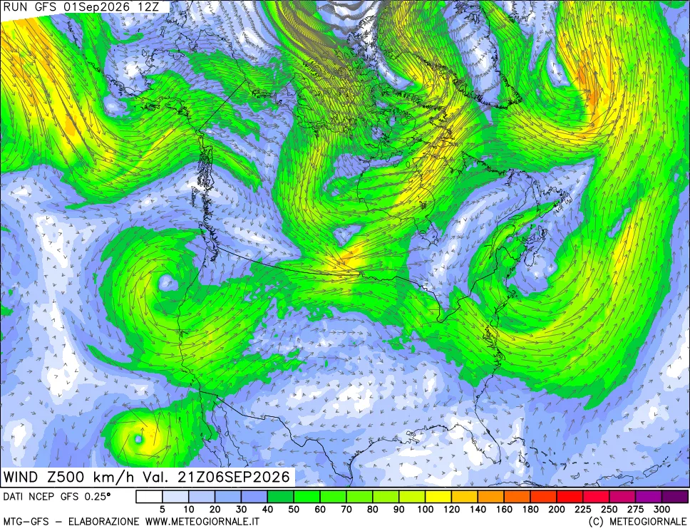 mappa 500 hPa Vento forza e direzione