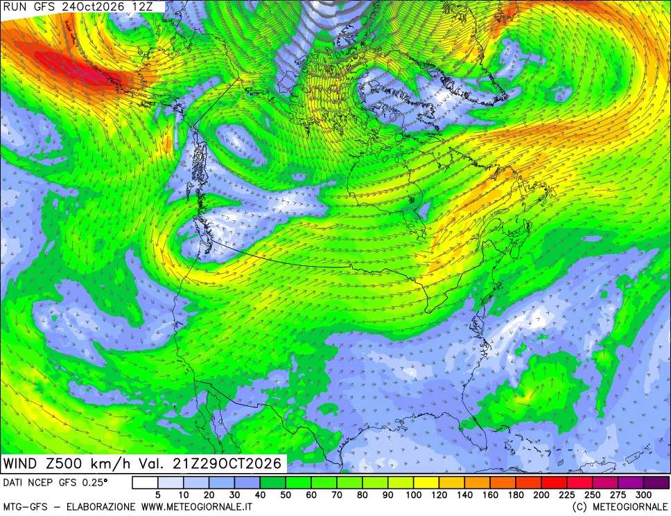 mappa 500 hPa Vento forza e direzione