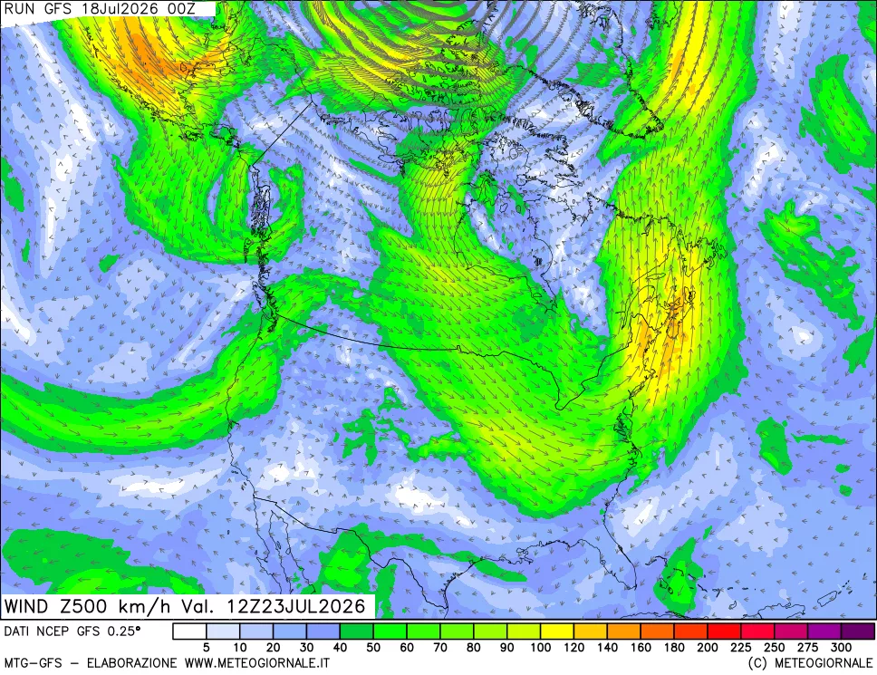 mappa 500 hPa Vento forza e direzione