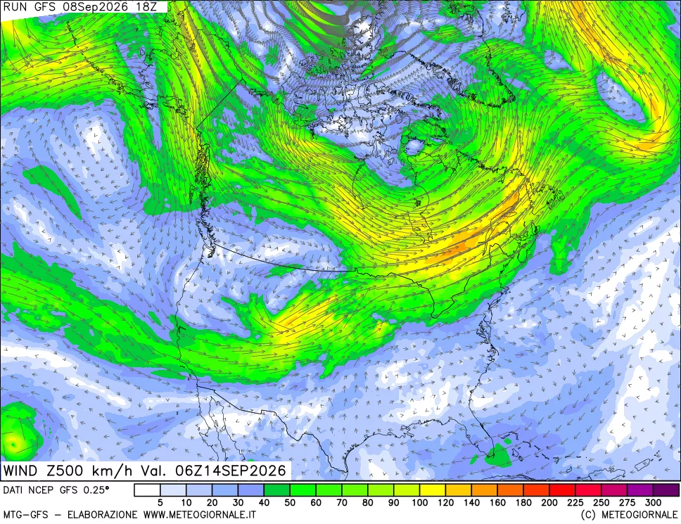 mappa 500 hPa Vento forza e direzione