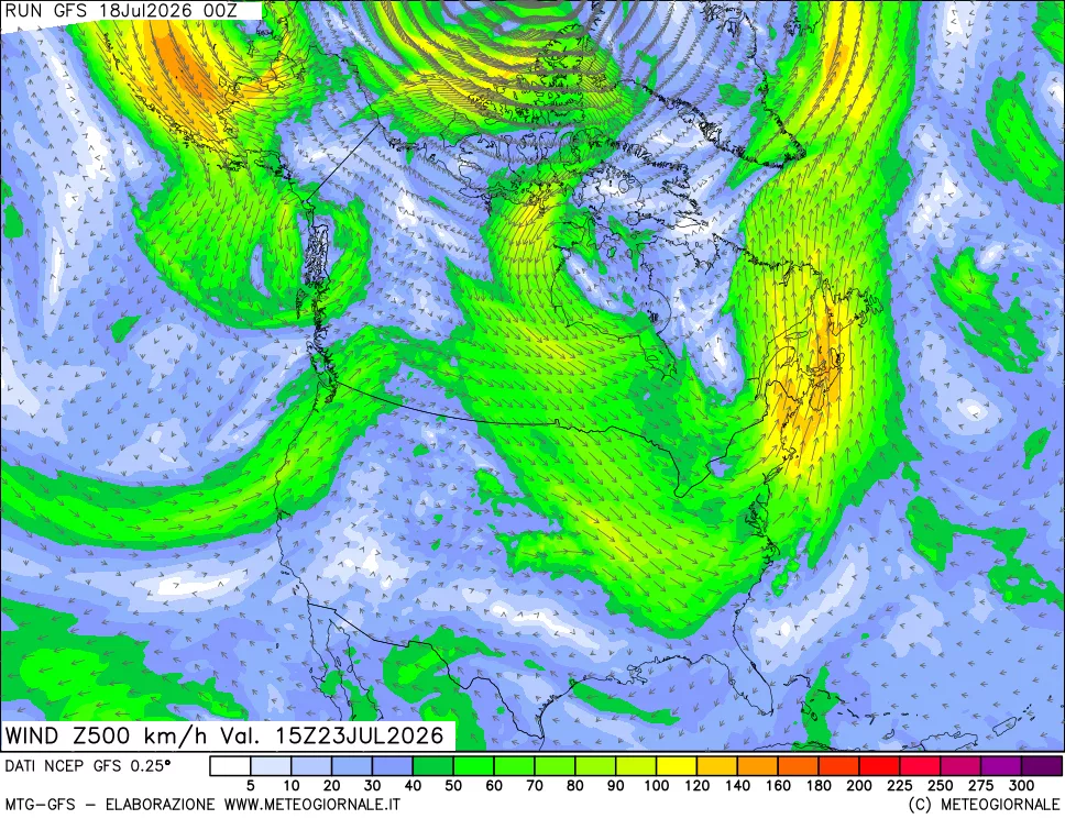 mappa 500 hPa Vento forza e direzione
