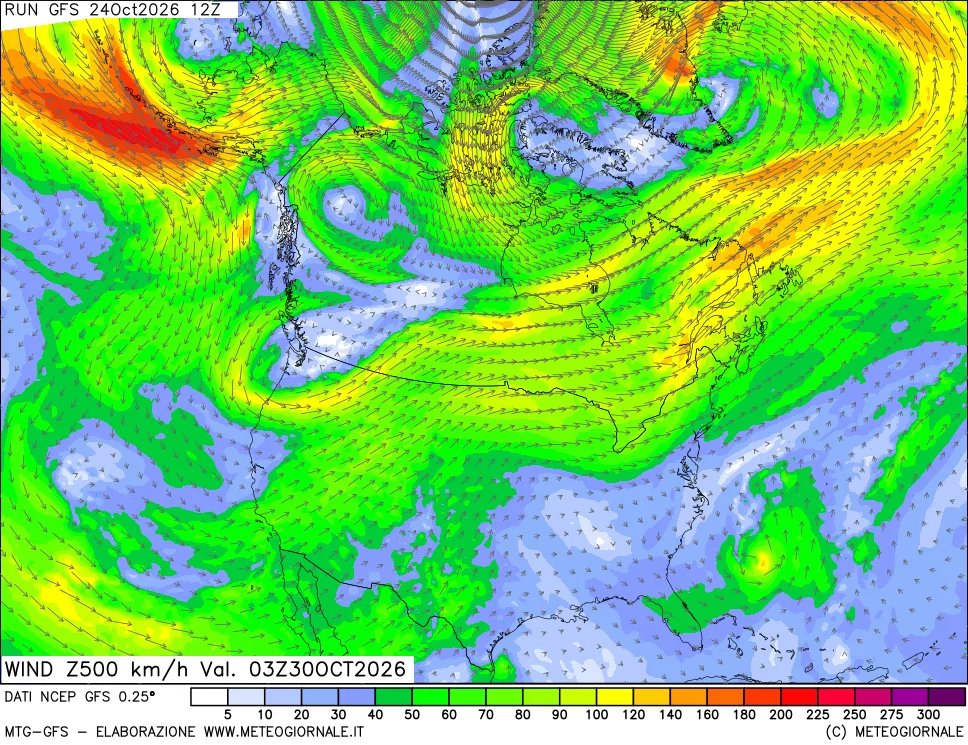 mappa 500 hPa Vento forza e direzione