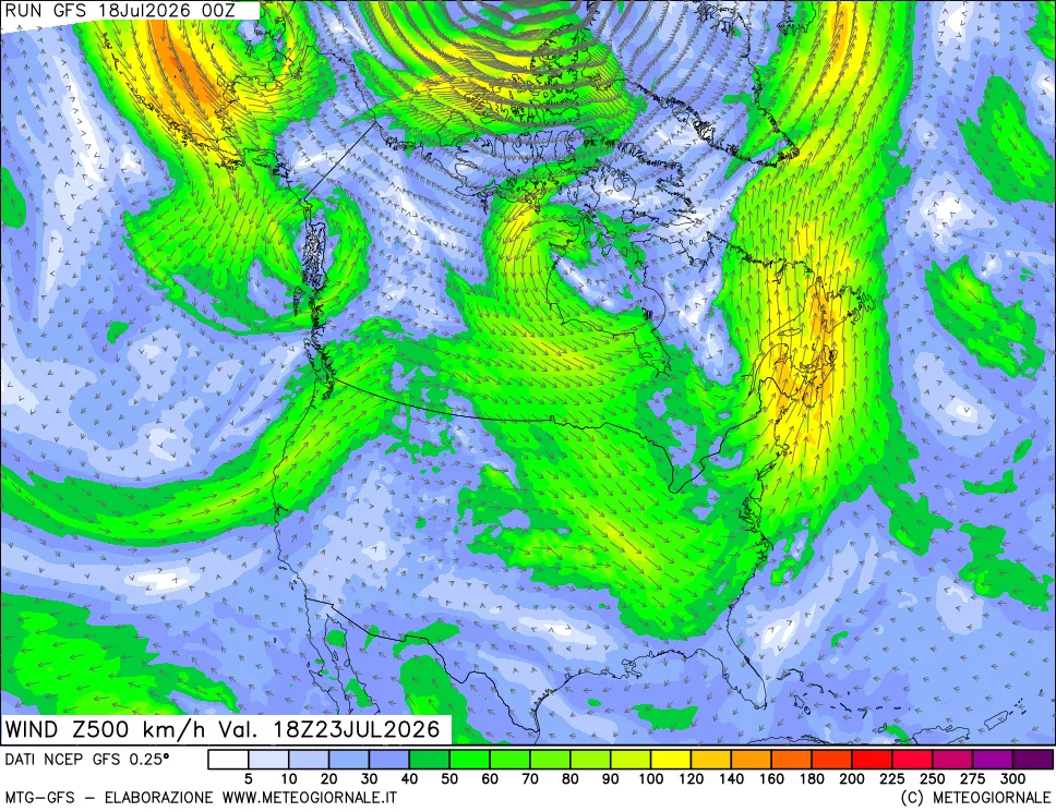mappa 500 hPa Vento forza e direzione