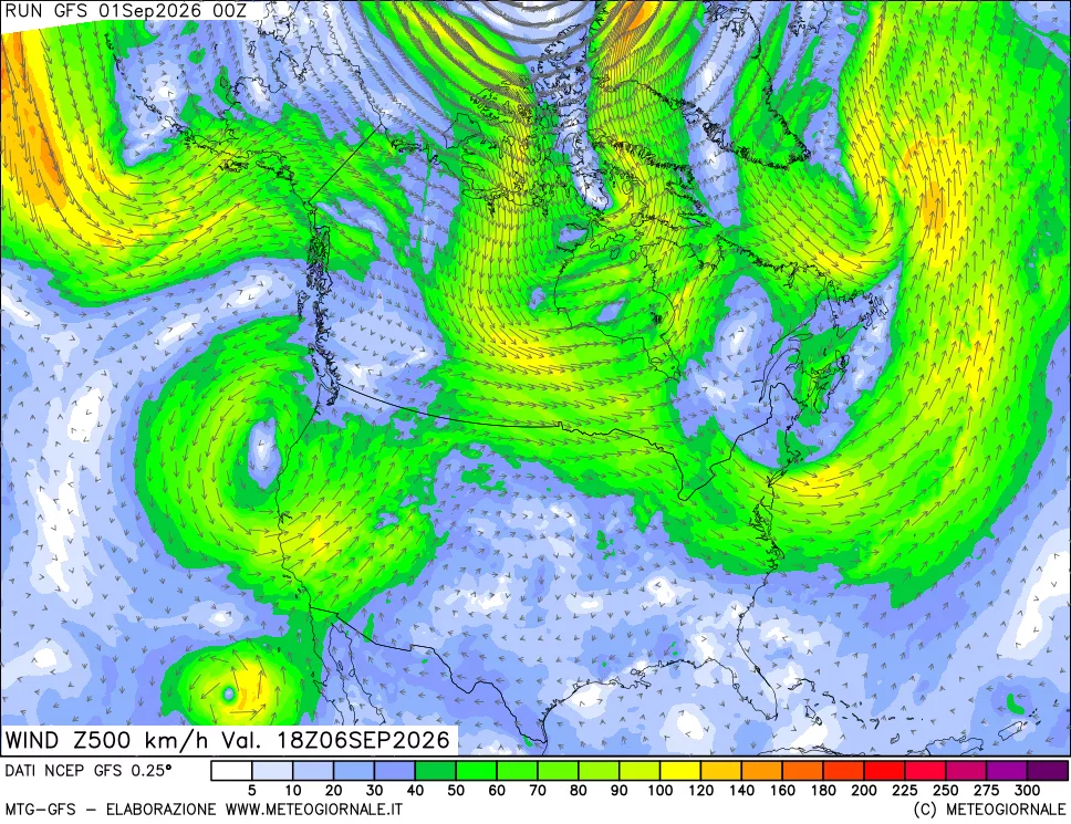 mappa 500 hPa Vento forza e direzione