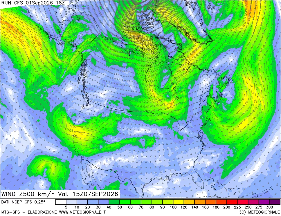 mappa 500 hPa Vento forza e direzione