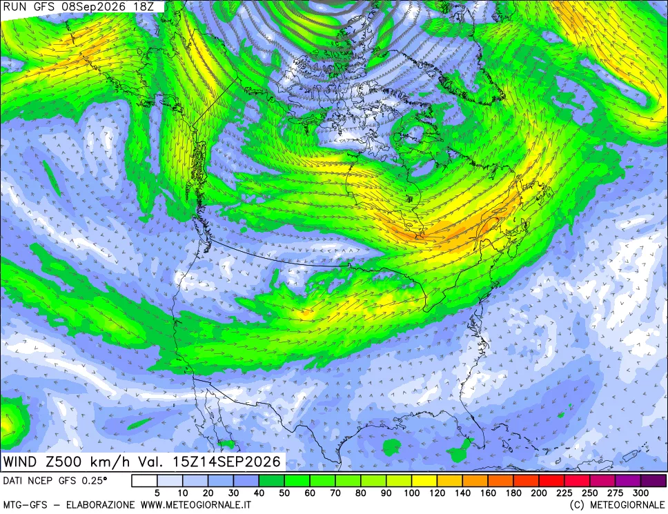 mappa 500 hPa Vento forza e direzione