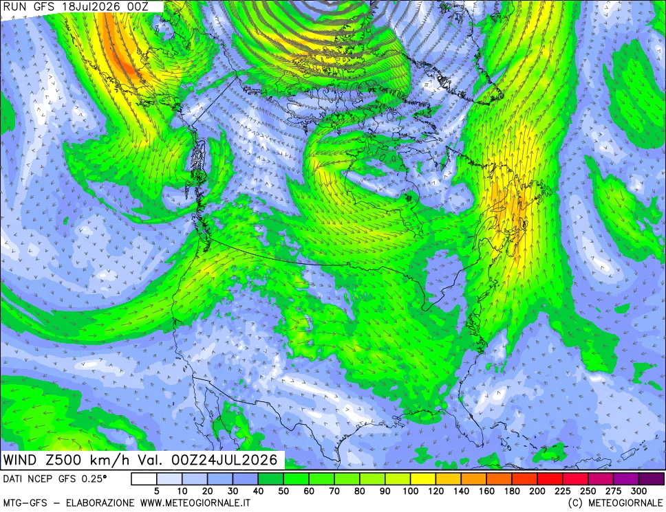 mappa 500 hPa Vento forza e direzione