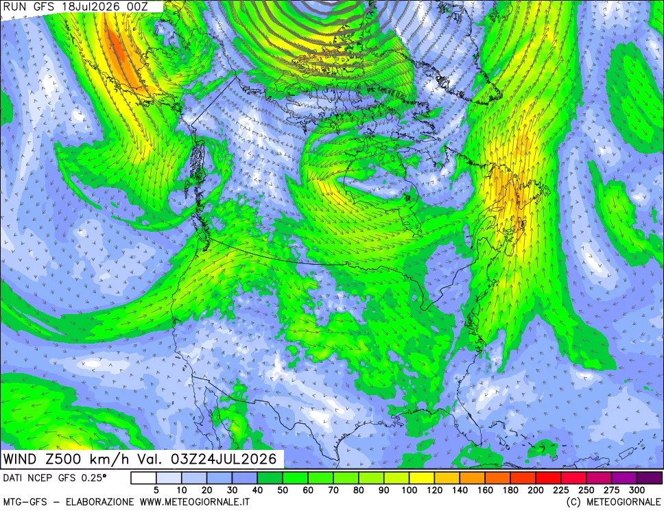 mappa 500 hPa Vento forza e direzione