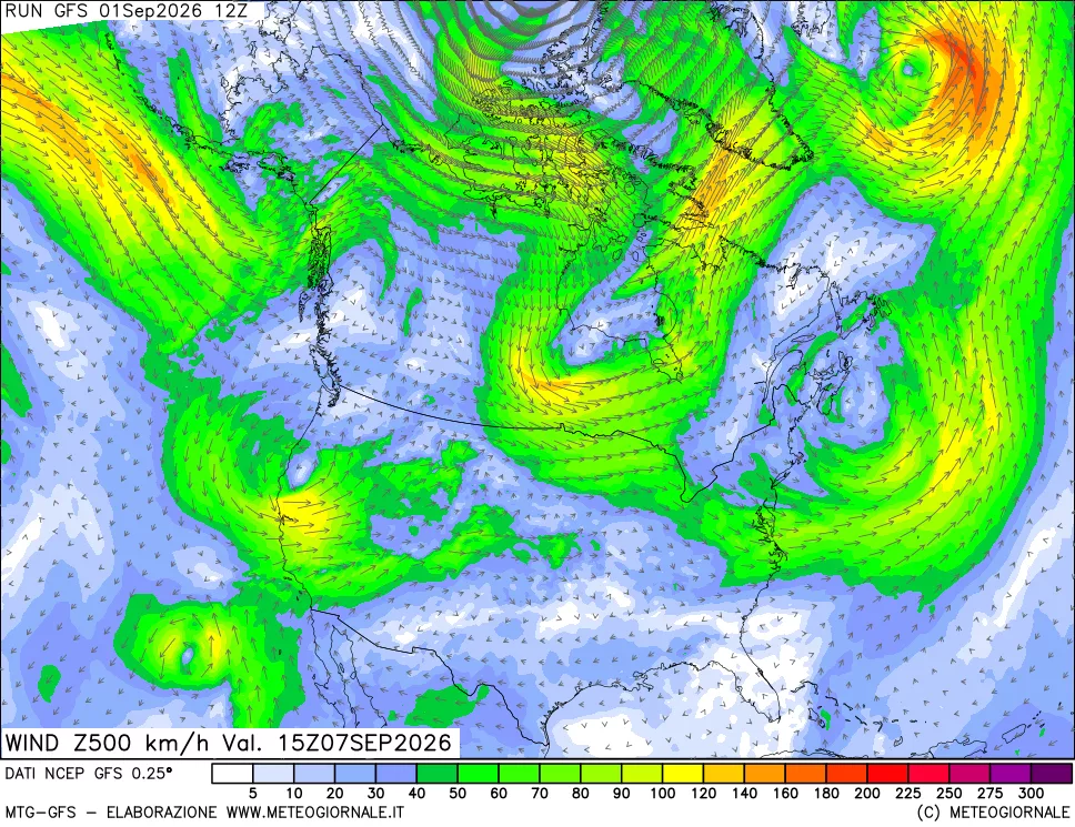 mappa 500 hPa Vento forza e direzione
