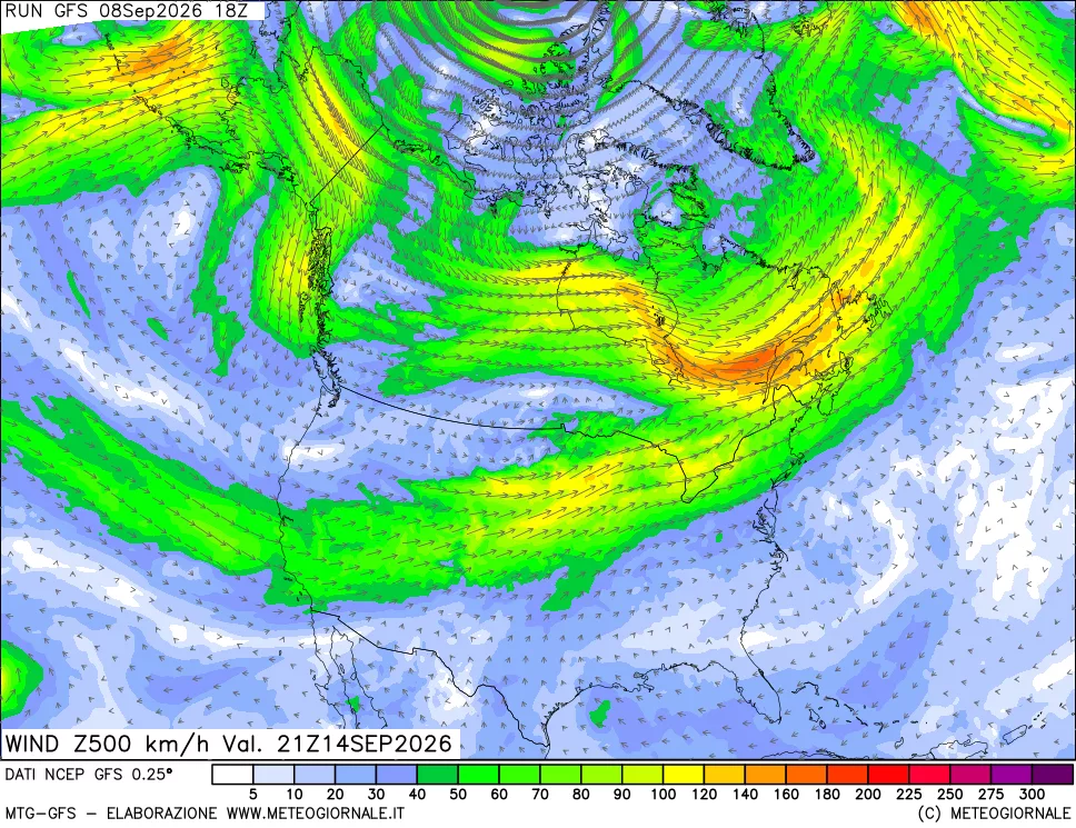 mappa 500 hPa Vento forza e direzione