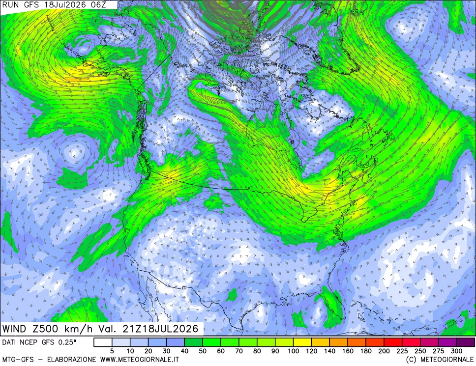 mappa 500 hPa Vento forza e direzione