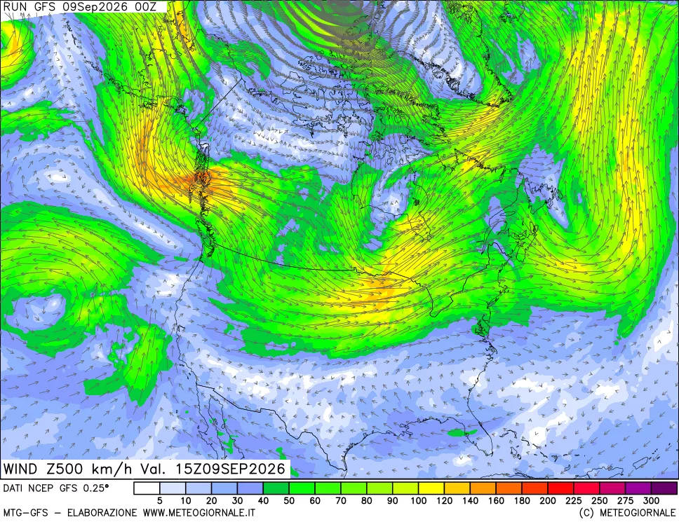 mappa 500 hPa Vento forza e direzione