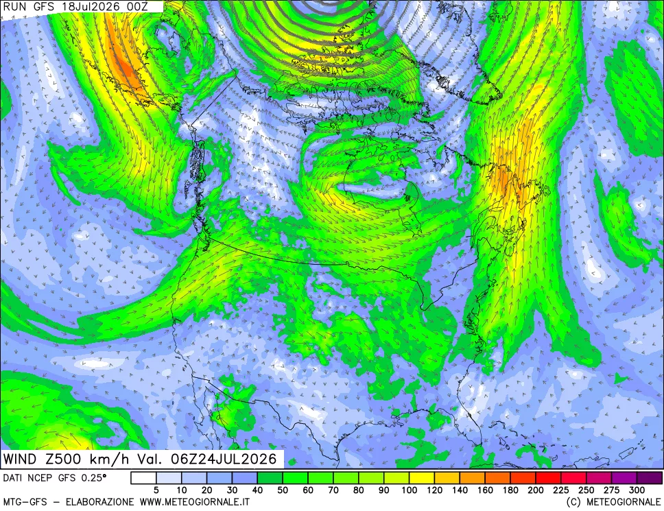 mappa 500 hPa Vento forza e direzione