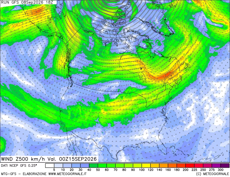 mappa 500 hPa Vento forza e direzione