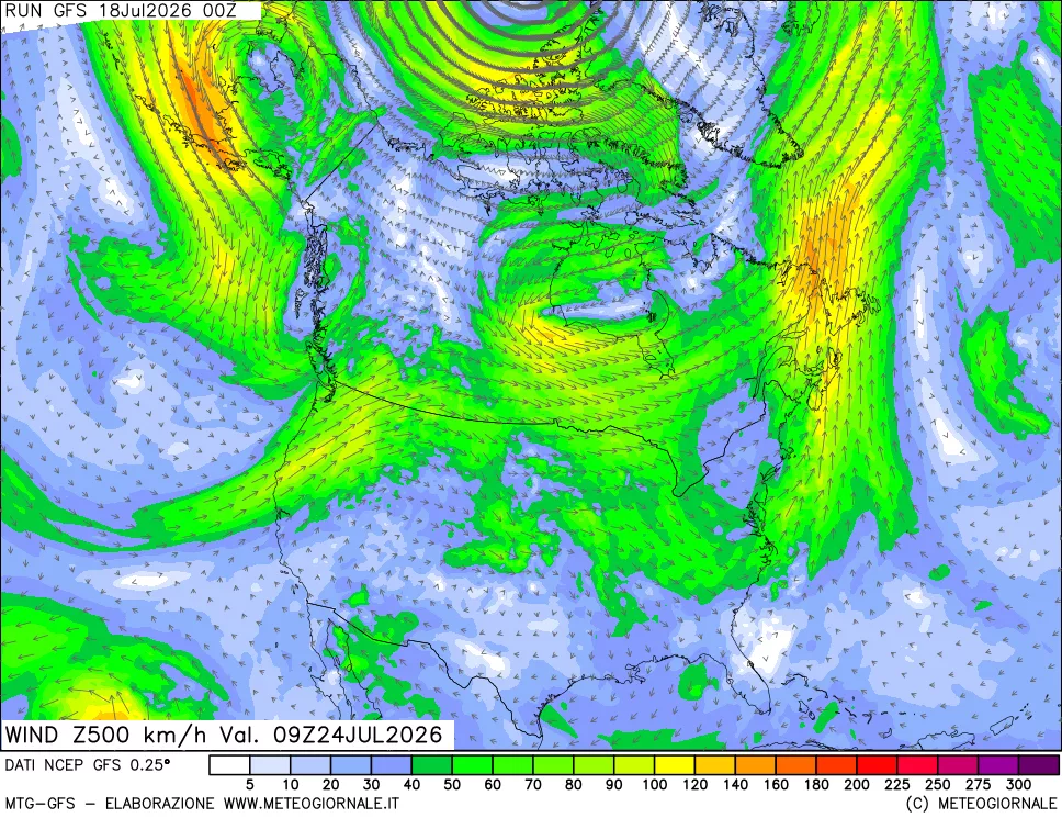 mappa 500 hPa Vento forza e direzione