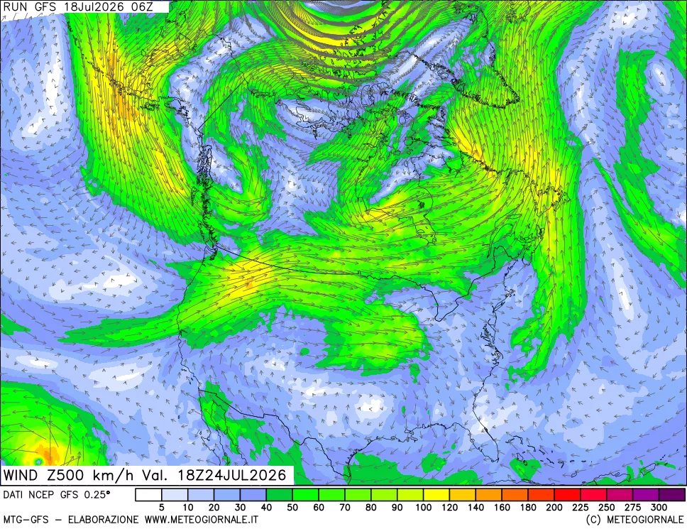 mappa 500 hPa Vento forza e direzione