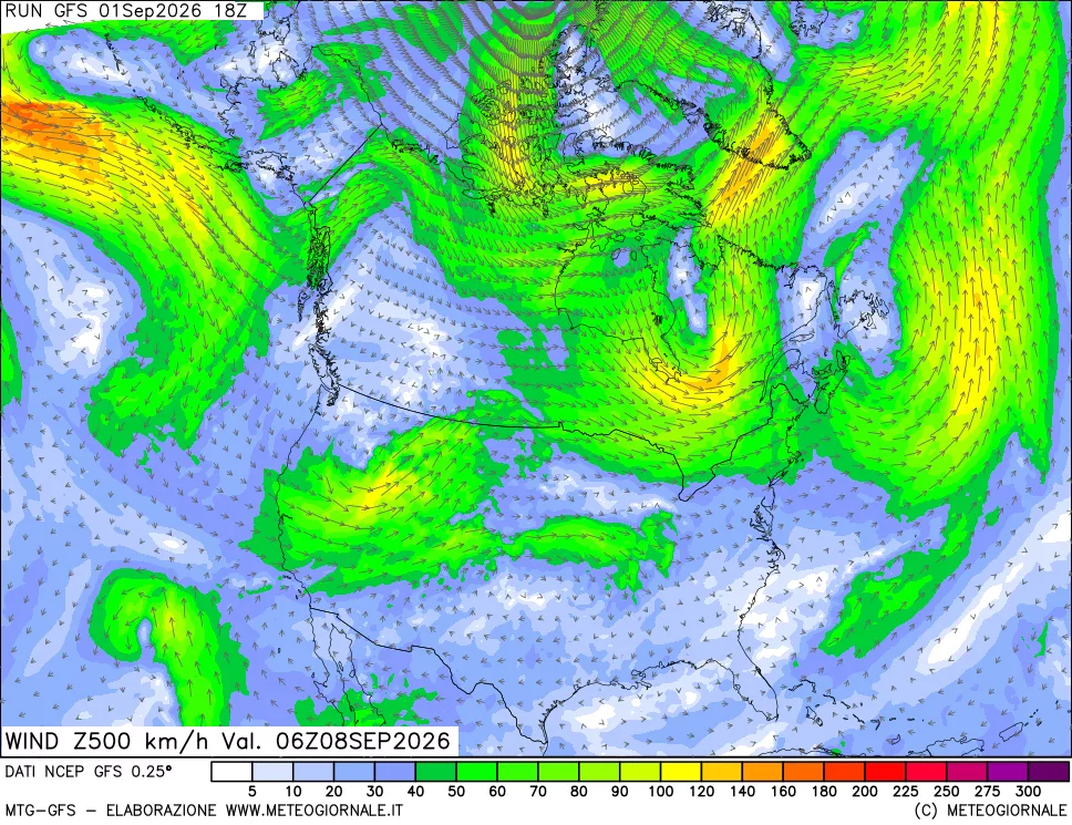 mappa 500 hPa Vento forza e direzione