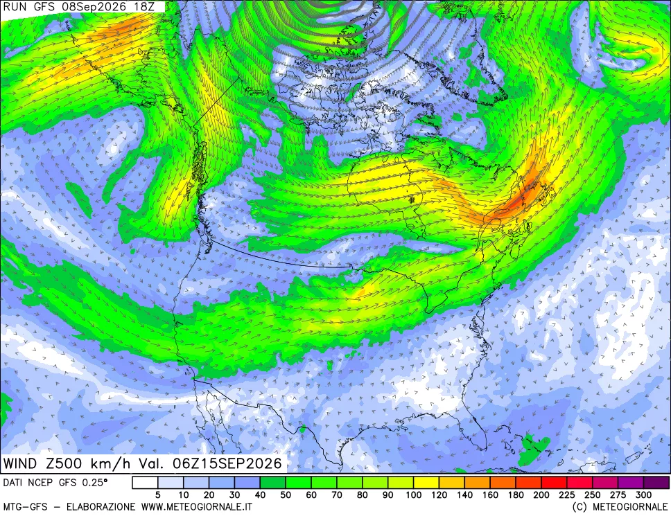 mappa 500 hPa Vento forza e direzione