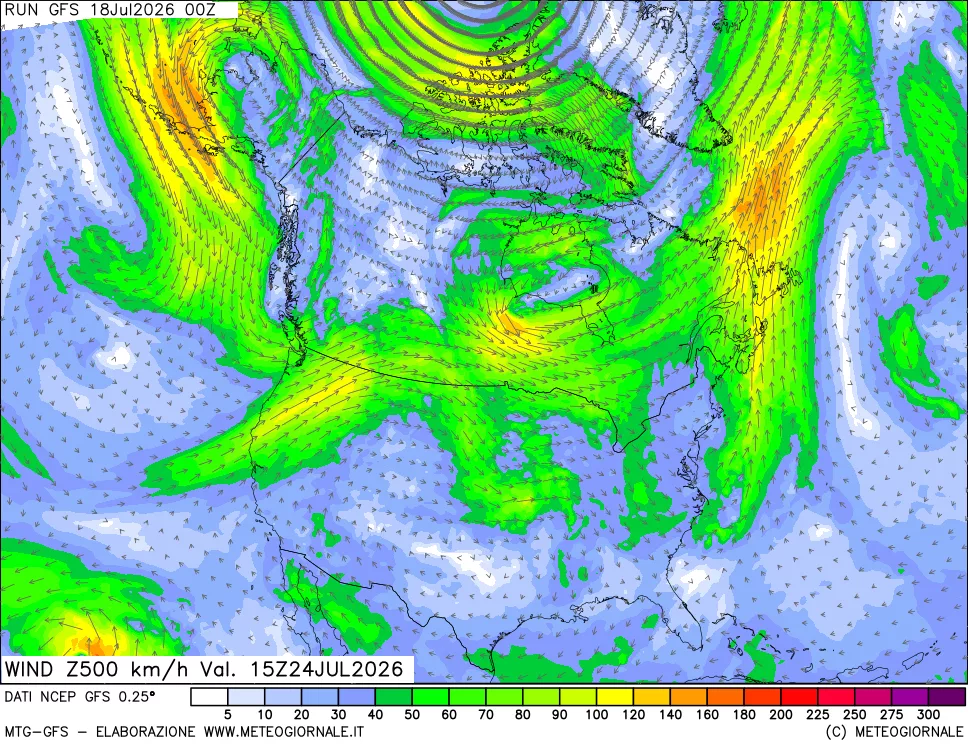 mappa 500 hPa Vento forza e direzione