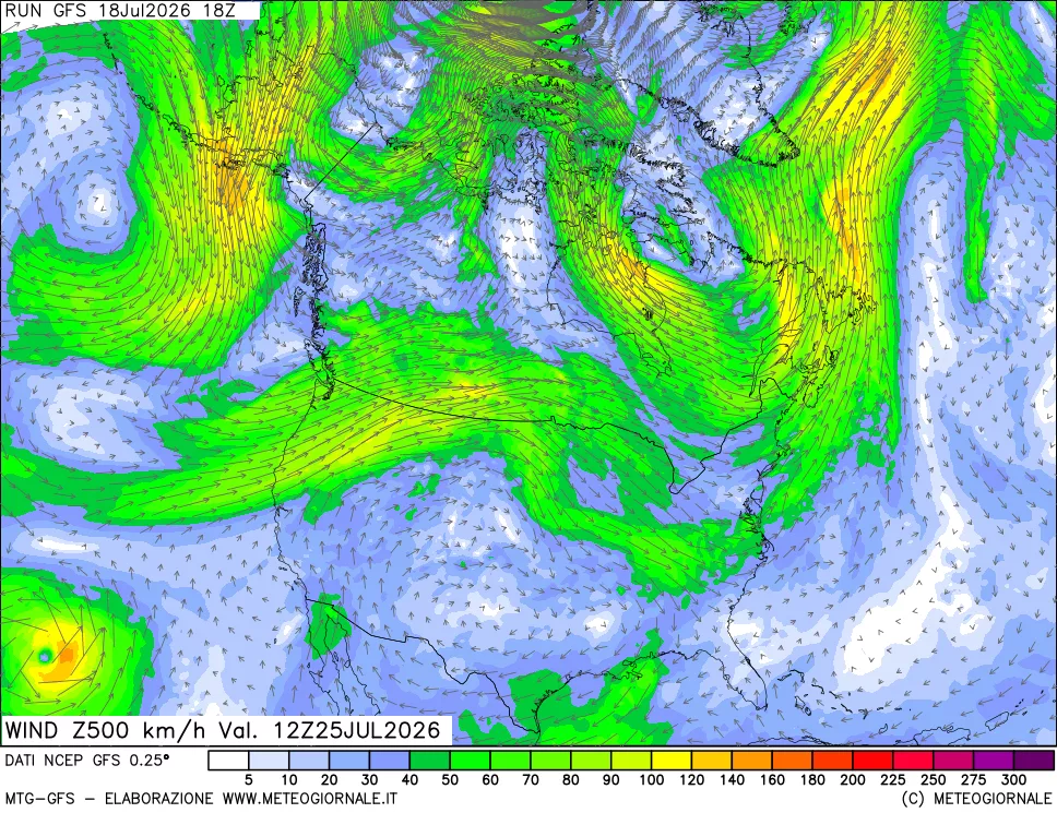 mappa 500 hPa Vento forza e direzione
