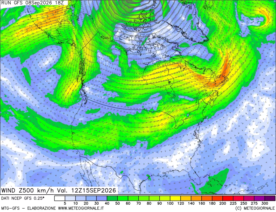 mappa 500 hPa Vento forza e direzione