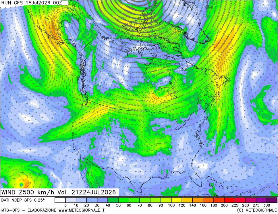 mappa 500 hPa Vento forza e direzione