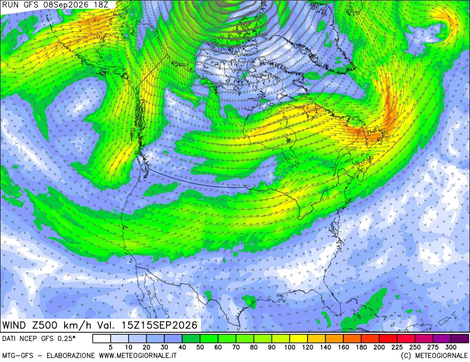 mappa 500 hPa Vento forza e direzione