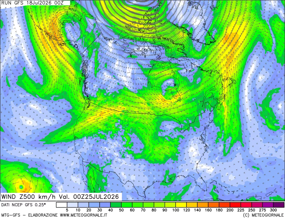 mappa 500 hPa Vento forza e direzione