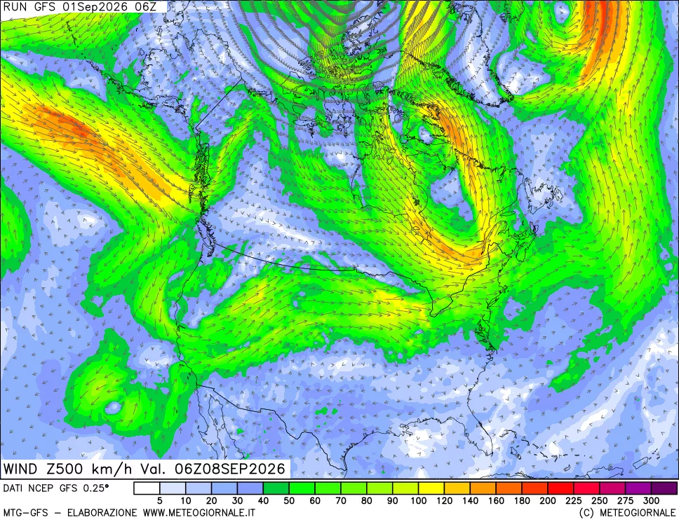 mappa 500 hPa Vento forza e direzione