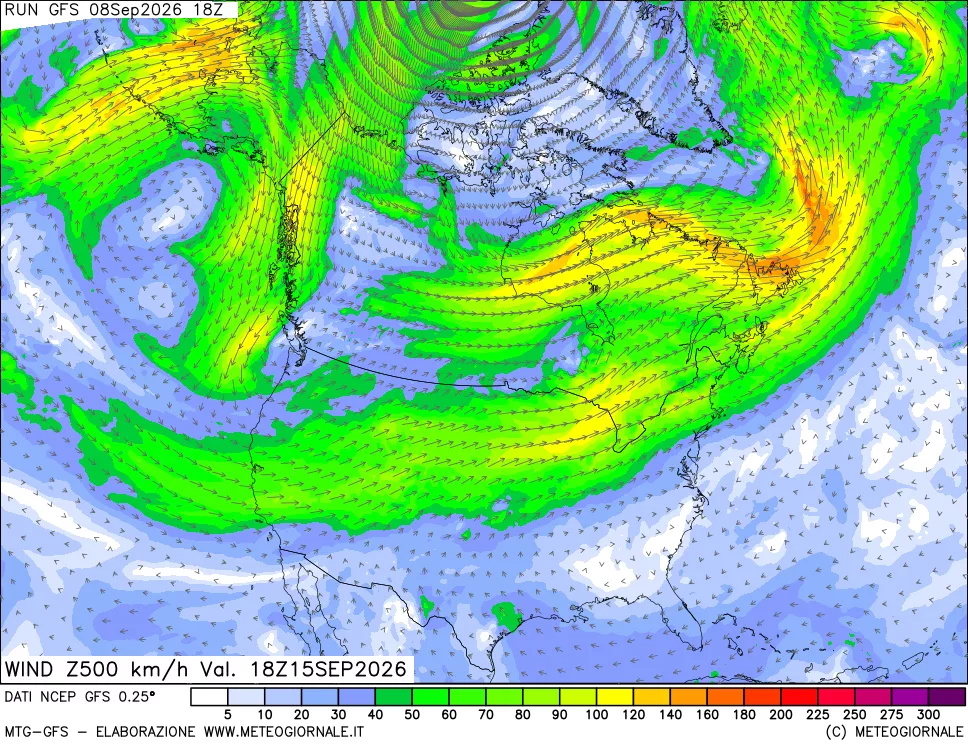 mappa 500 hPa Vento forza e direzione